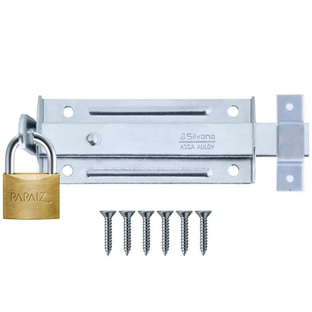 Ferrolho Trinco Tarjeta Fecho Chato 10Cm + Cadeado 25Mm