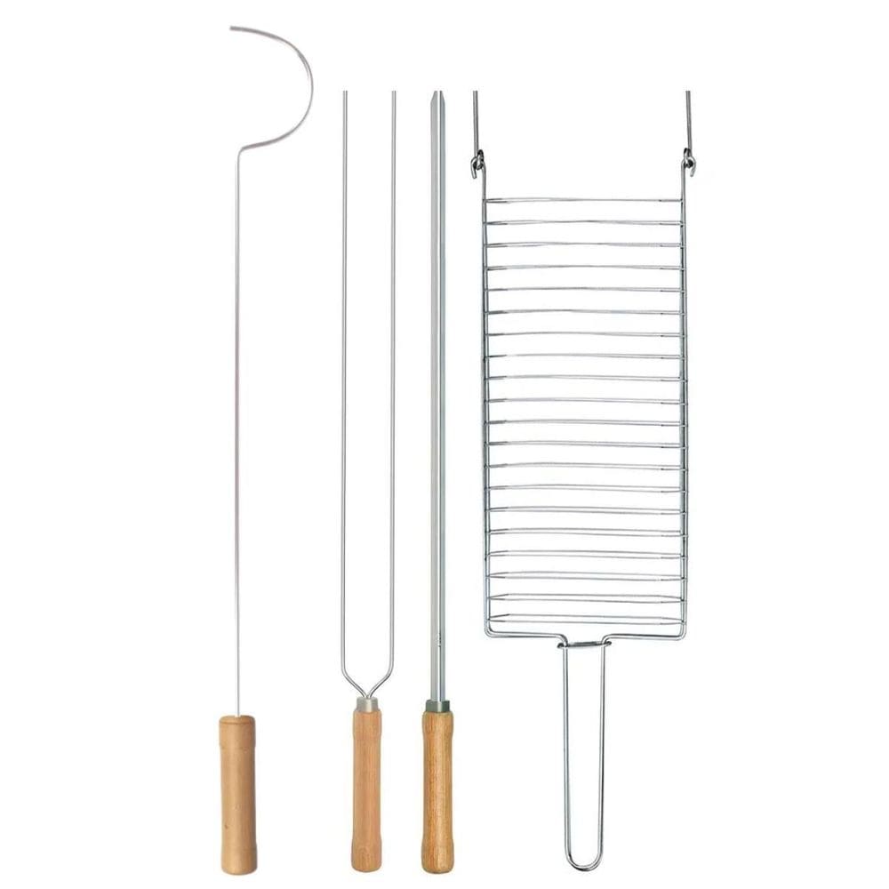 Kit Preparo Churrasco 4Pcs Churrasqueira 55Cmcabo Madeira