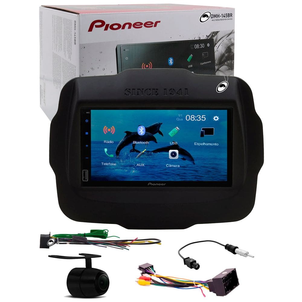 Multimídia Pioneer DMH-145BR Renegade PCD Bluetooth USB + Moldura + Chicote Ligação + Adaptador Antena + Câmera Ré