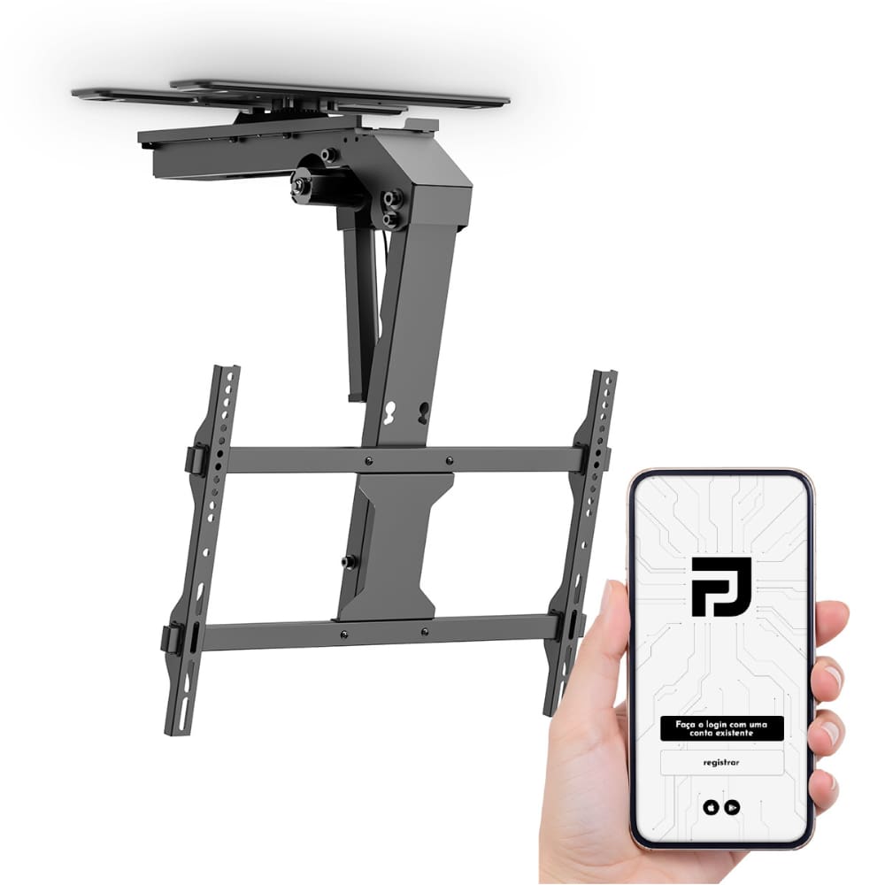 Suporte TV Teto Elétrico Motorizado 37 a 75 Controle App Wifi Alexa Tuya Smartlife PandaPlus Rotação Inclinação 45kg