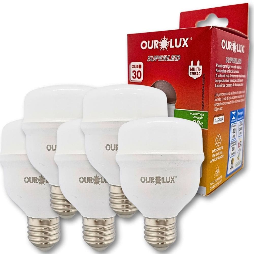 Kit 5 Lampadas Superled Alta Potencia Ourolux 30W E27 6500K