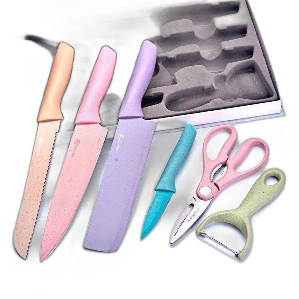Jogo Facas Inox Profissional Colorido 6 Pçs Moderno Tesoura