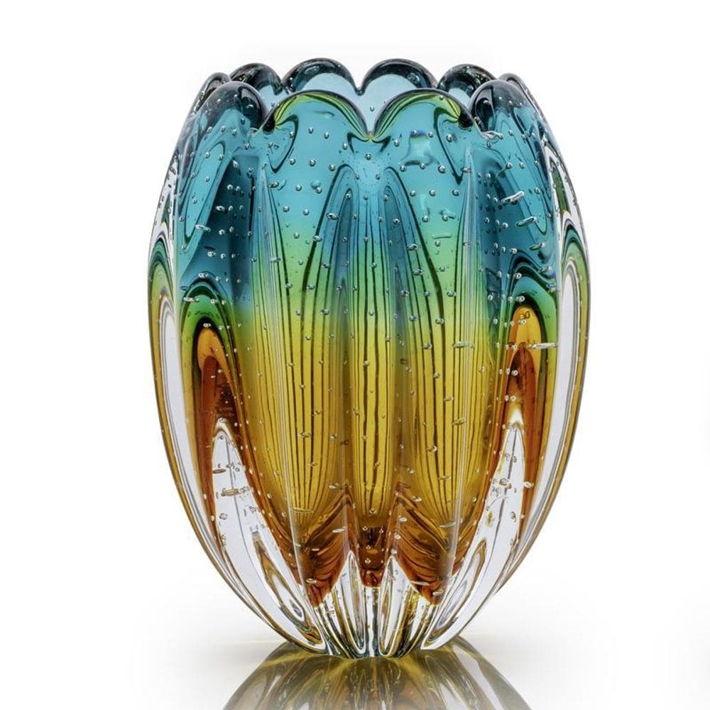 Vaso Em Cristal Murano Esmeralda E Âmbar- São Marcos 21Cm