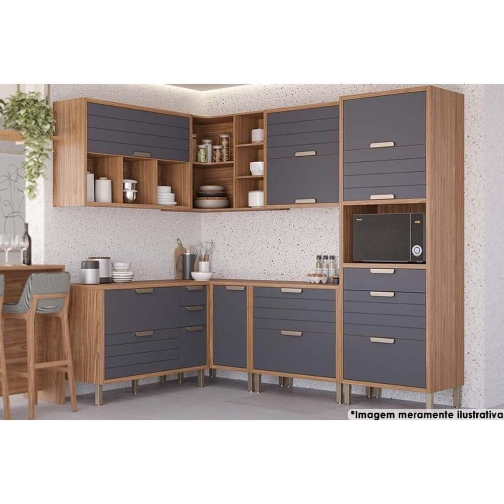 Kit Cozinha Modulada 7 Peças Eloise 33 Aéreos + 3 Balcões + 1 Paneleiro Cz029 Freijó Titanium
