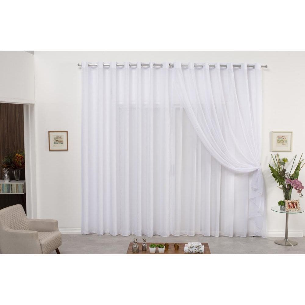 Cortina De Varão Voil Duplo Branco 6,00X2,50 Sala Quarto