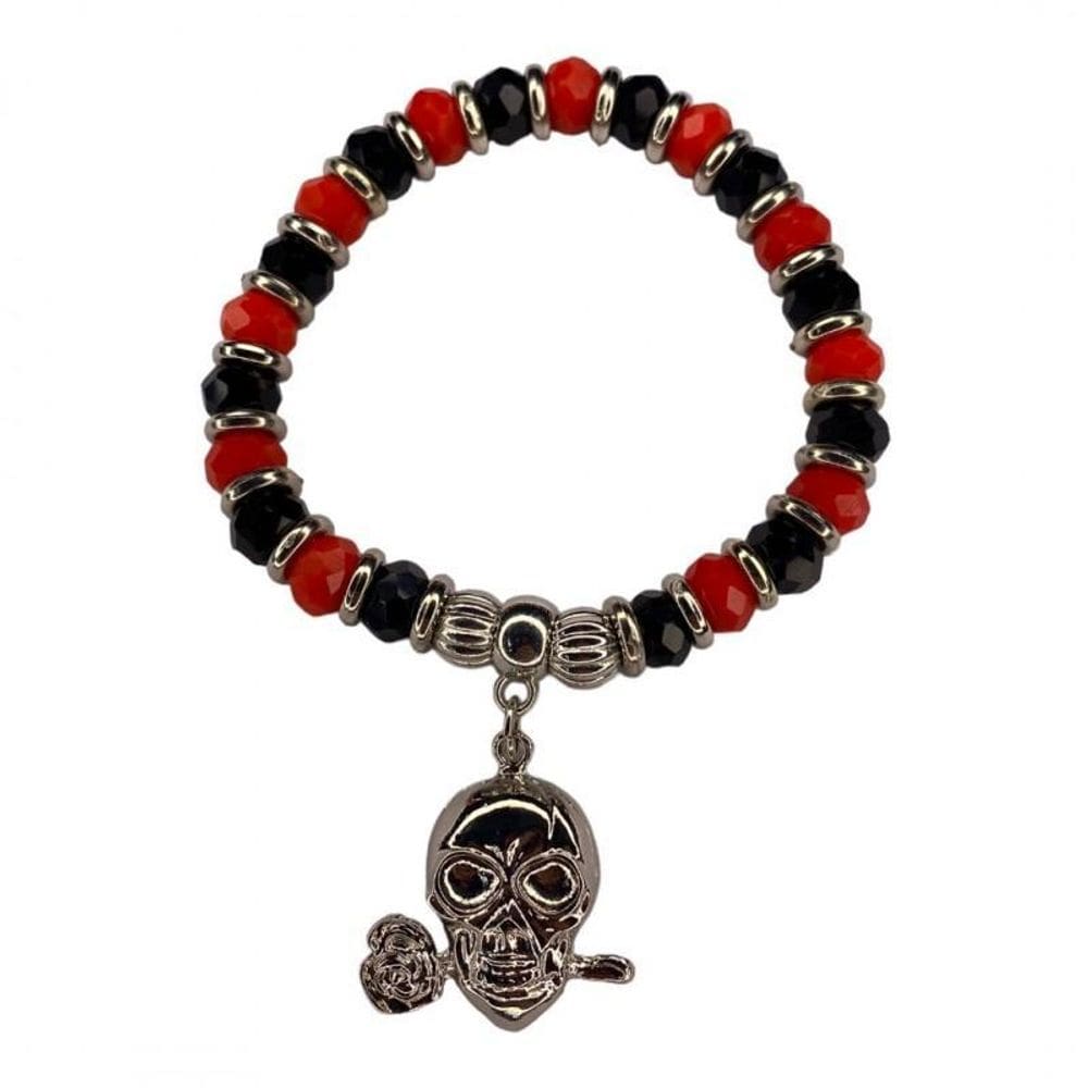 Pulseira Pomba Gira Rosa Caveira Preta Vm Cristal E Silicone