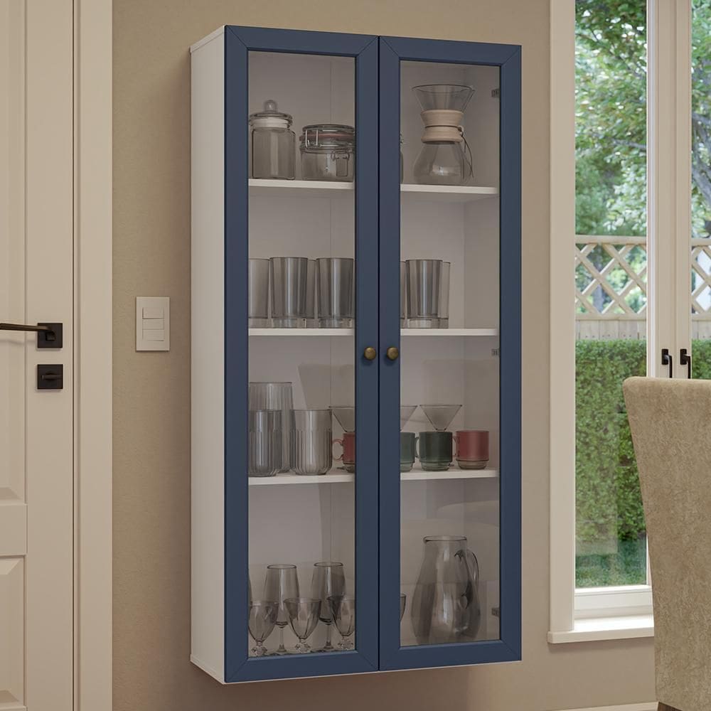 Cristaleira Suspensa 70 cm 2 Portas de Vidro Branco/Azul Vik Madesa