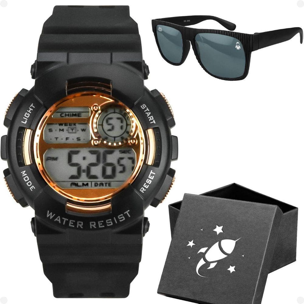 Relogio Digital Infantil Preto Menino + Caixa + Oculos Sol