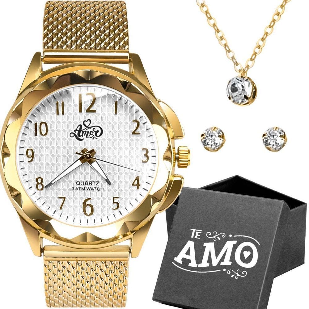 Pulseira + Caixa + Relogio Feminino Aço Dourado + Colar