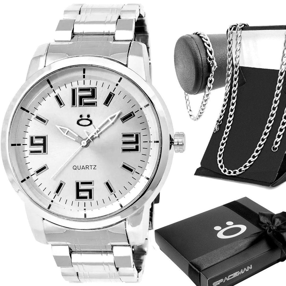 Relogio Aço Inoxidavel Prata + Caixa + Pulseira + Cordao