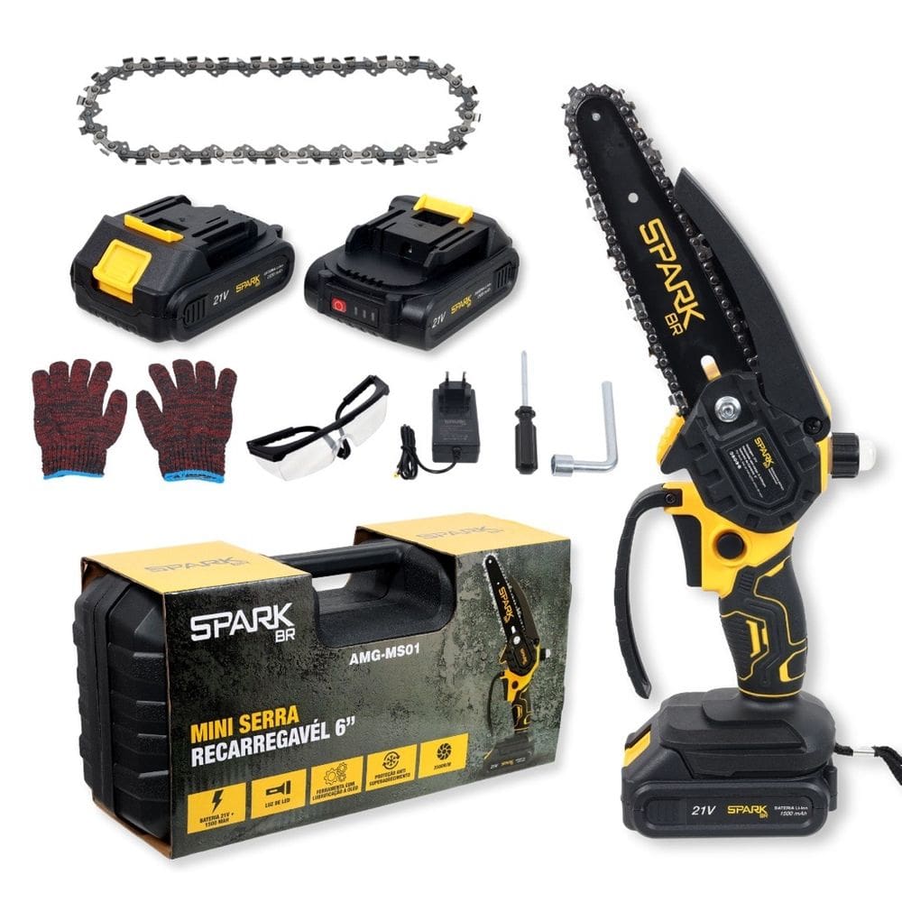 Mini MotoSerra Elétrica Portátil Spark Br 2 Baterias Recarregável 21v Serra 6 Trava Segurança Corrente Extra Acessórios