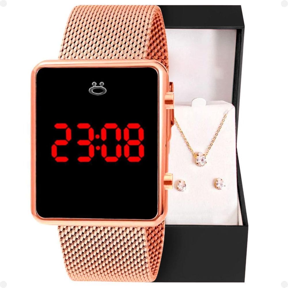 Relogio Feminino Digital Aço Inox + Brincos + Colar + Caixa