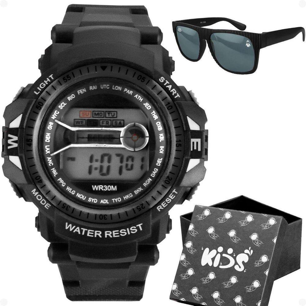 Relogio Digital Infantil Led Preto Oculos Sol Caixa