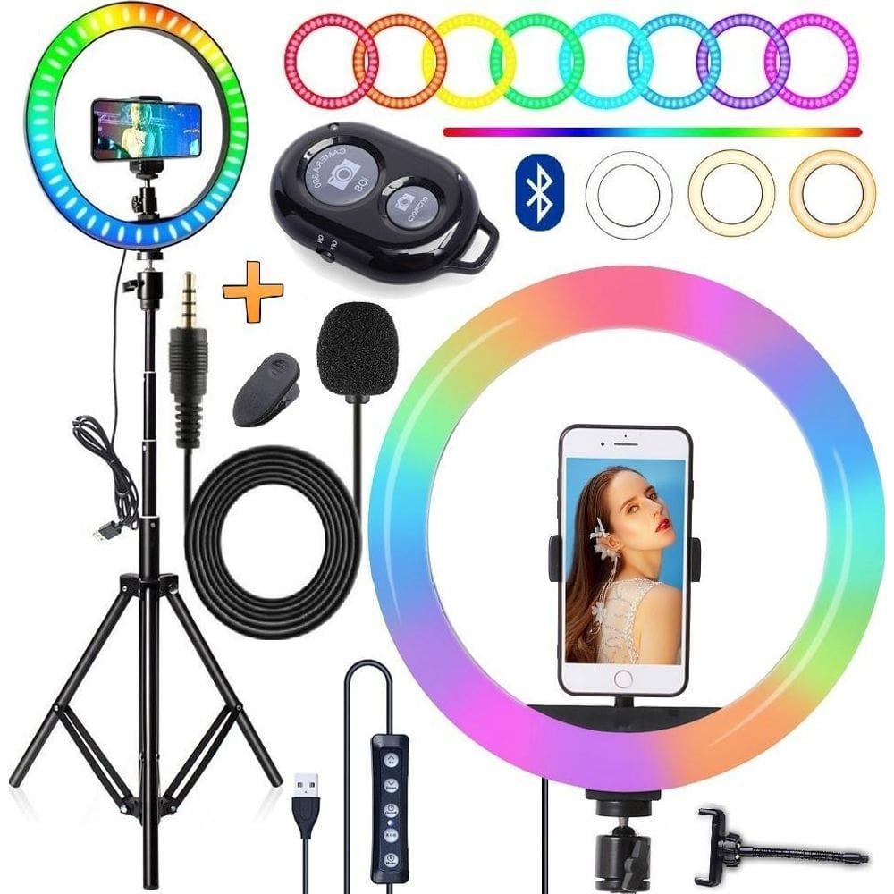 Kit Studio Anel Iluminador Ring Light Colorido Luz Led Rgb