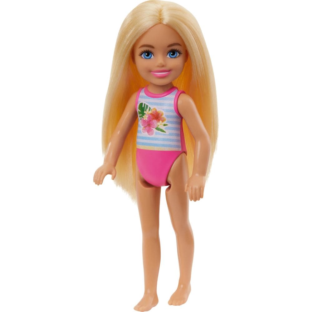 Boneca pequena Barbie Chelsea com listras de maiô e estampa floral