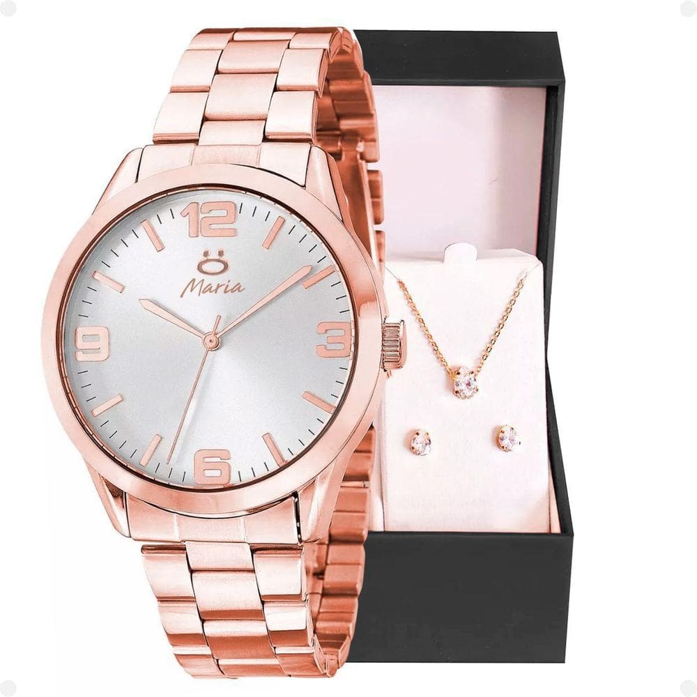 Relogio Feminino Rose + Colar Strass + Brincos + Caixa