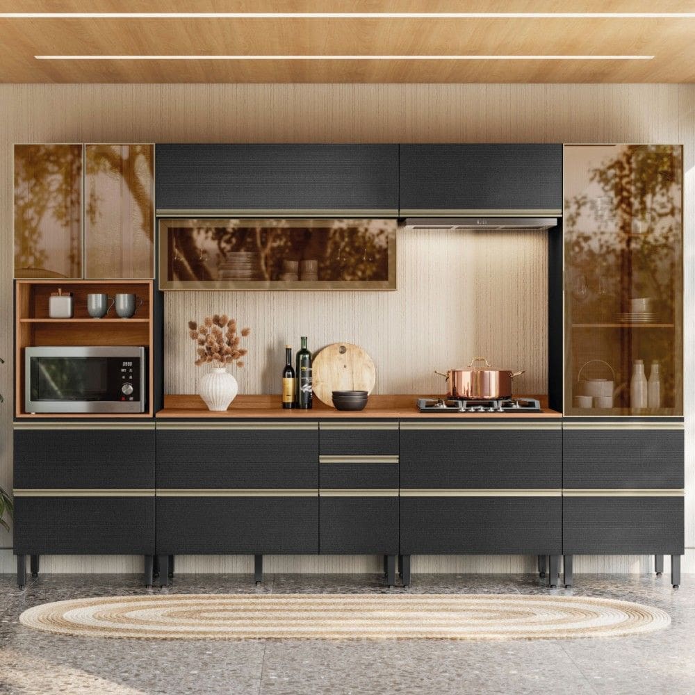 Cozinha Completa Proença 8 Portas 9 Gavetas 100% Mdf com Vidro Dp3302rf Nogueira/Carbono - Demóbile