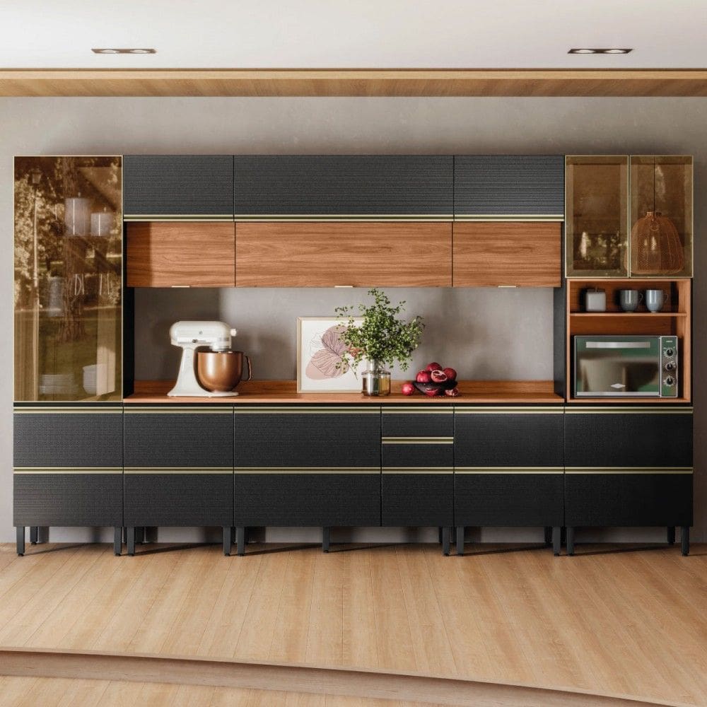 Cozinha Completa Proença 12 Portas 10 Gavetas 100% Mdf com Vidro Dp3702mf Nogueira/Carbono Prime Tx - Demobile