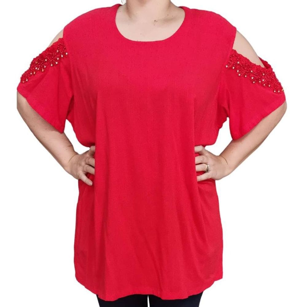 Blusa Feminina Raio de Luz MC Detalhada Aberta Rendas Pedrarias