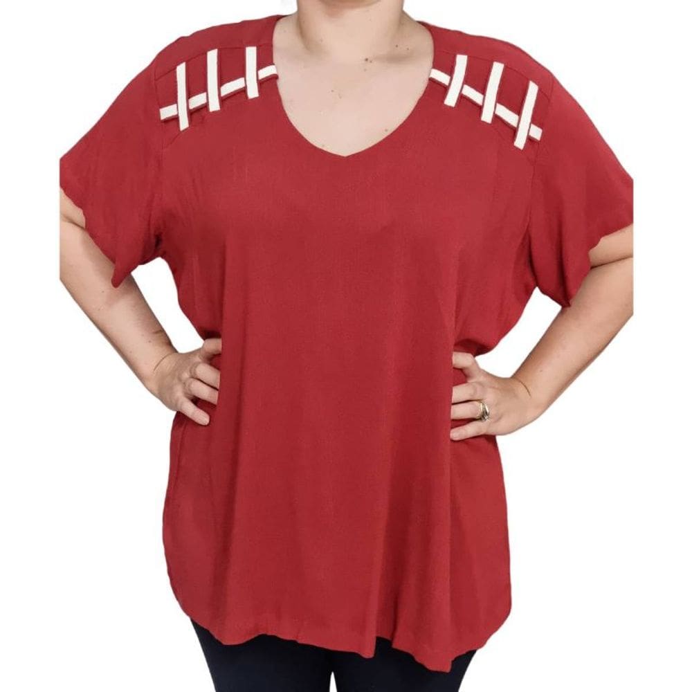 Blusa Feminina MC Raio de Luz Terracota Detalhes Bege Plus Size