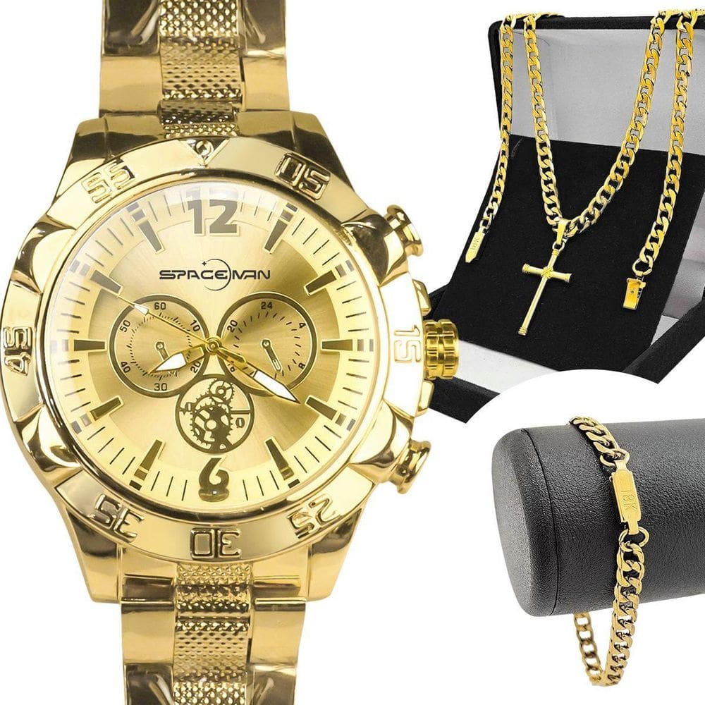Relogio Masculino Prova Dagua Dourado + Crucifixo + Pulseira