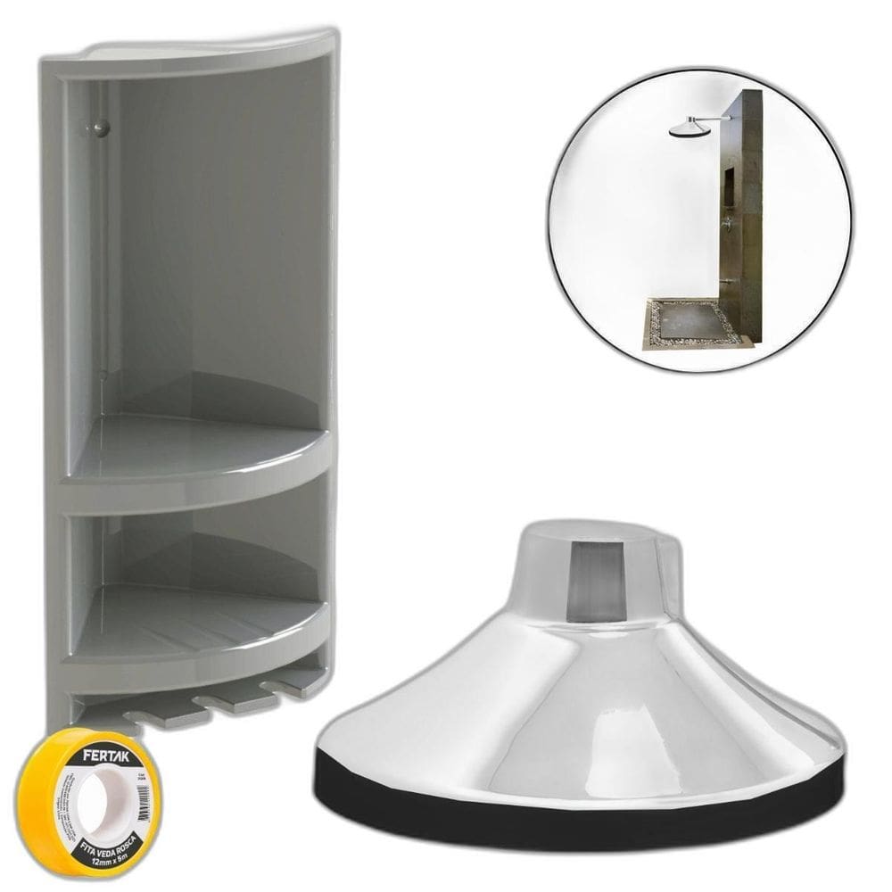Chuveiro Ducha Fria 22Cm Cromado +Porta Shampoo Cinza
