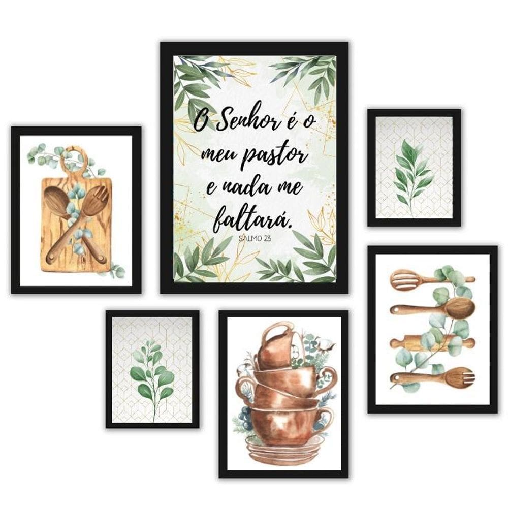 Composição 6 Quadros Cozinha - Folhas - Com Vidro