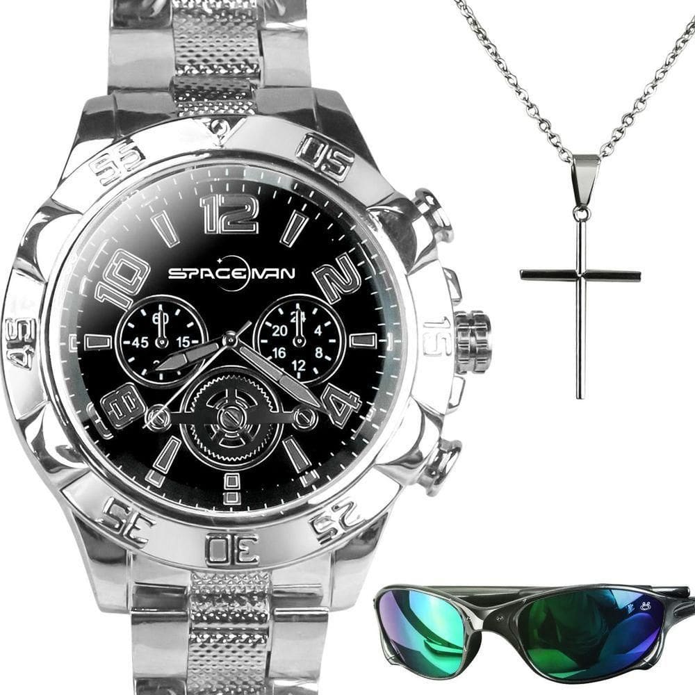 Relogio Aço Masculino Prova Dagua + Cordão Cruz + Oculos Sol Catolico Qualidade Premium Casual Azul