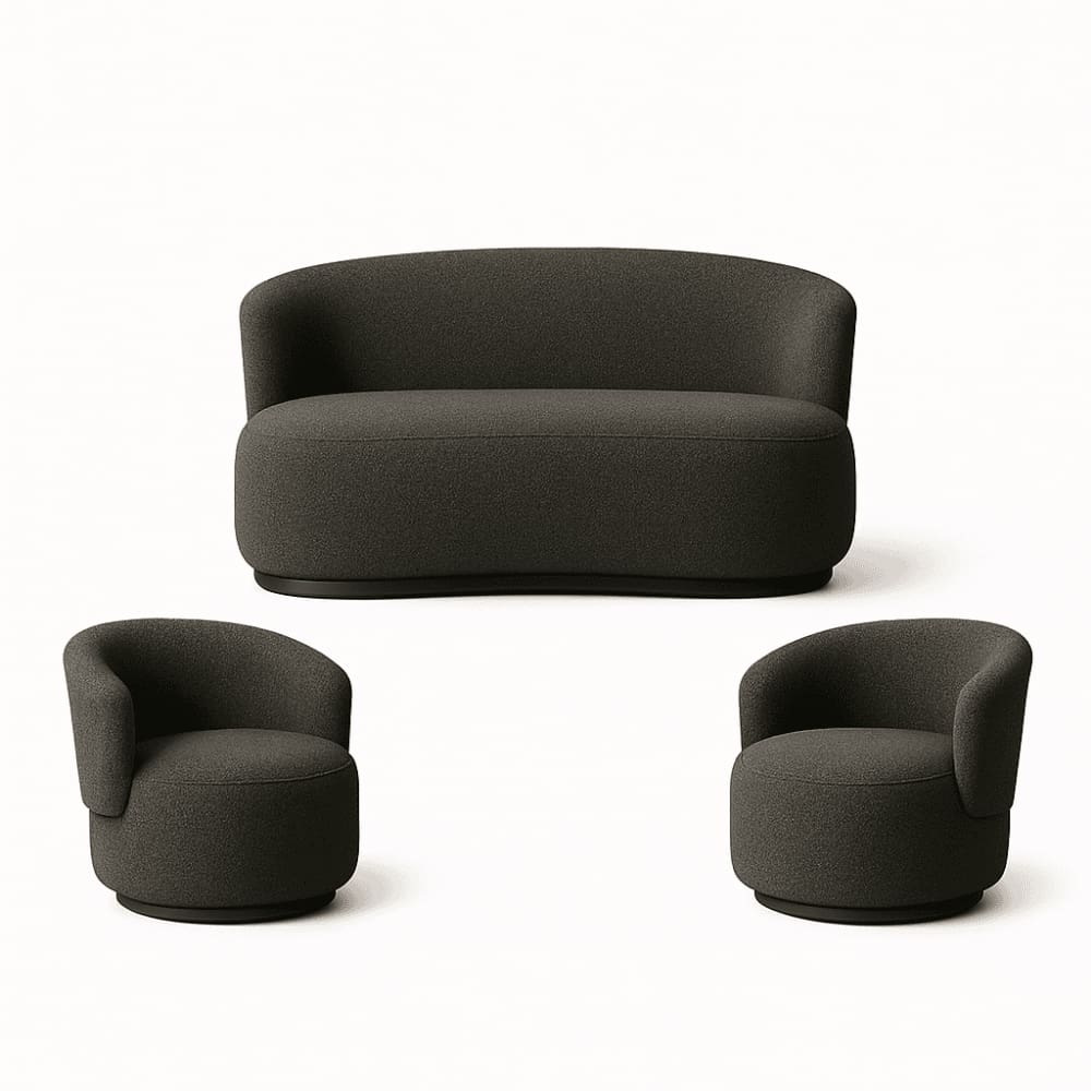 Kit 02 Poltronas + Namoradeira Decorativa Sala Estar Orgânica Beatriz Boucle Cinza Escuro - Montanaris Decor