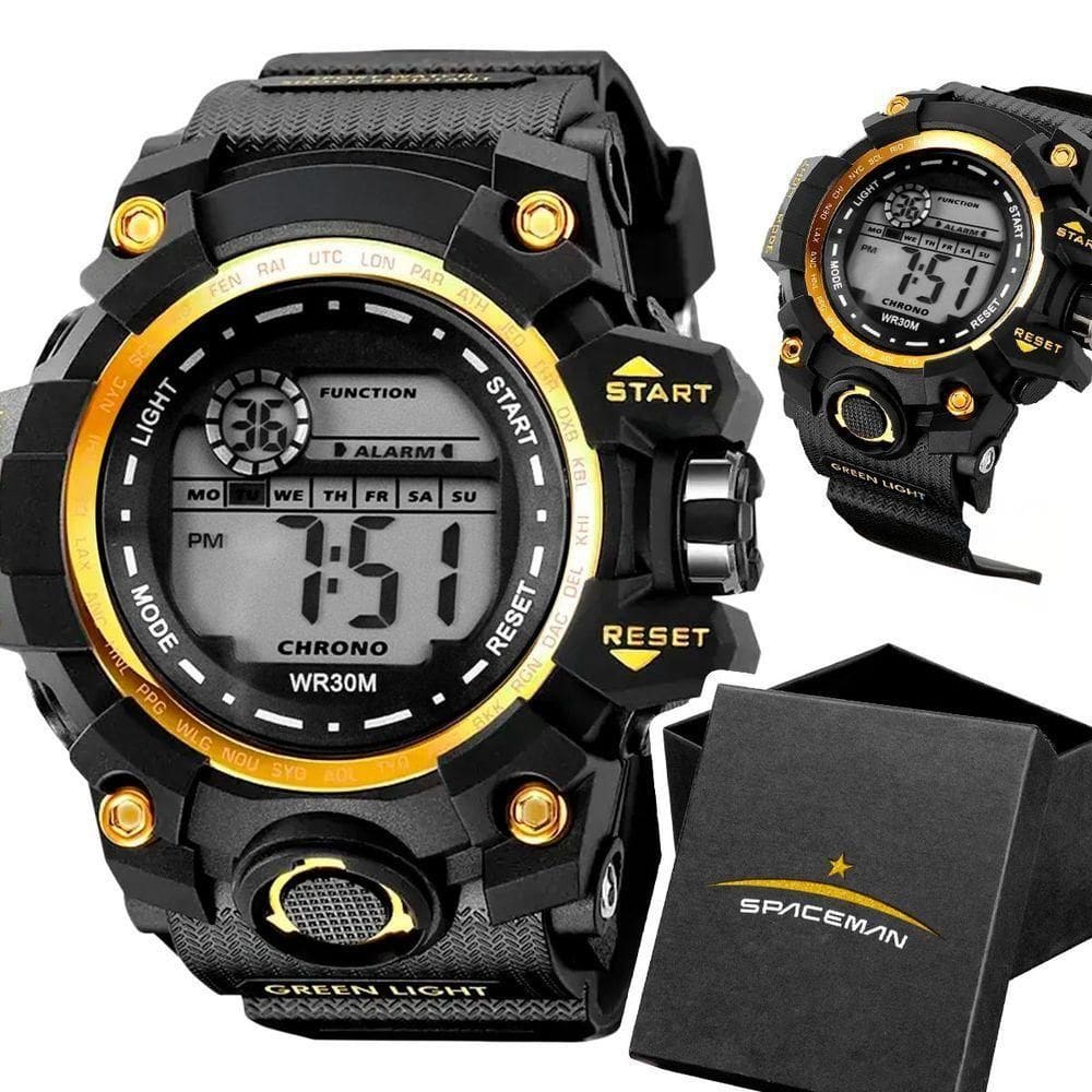 Relogio Masculino Digital Prova Dagua Silicone Preto Resistente Alarme Presente Robusto Dourado