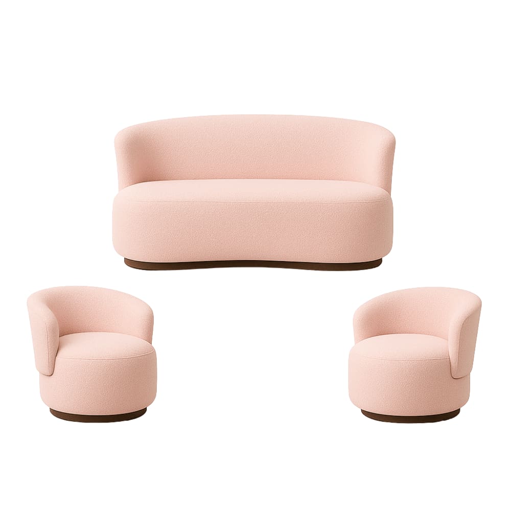 Kit 02 Poltronas + Namoradeira Decorativa Sala Estar Orgânica Beatriz Boucle Rosê - Montanaris Decor