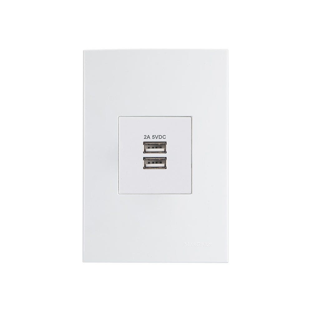 Tomada Duplo Carregador USB-A MarGirius Sleek 2A 10W com Placa 4x2 Branca