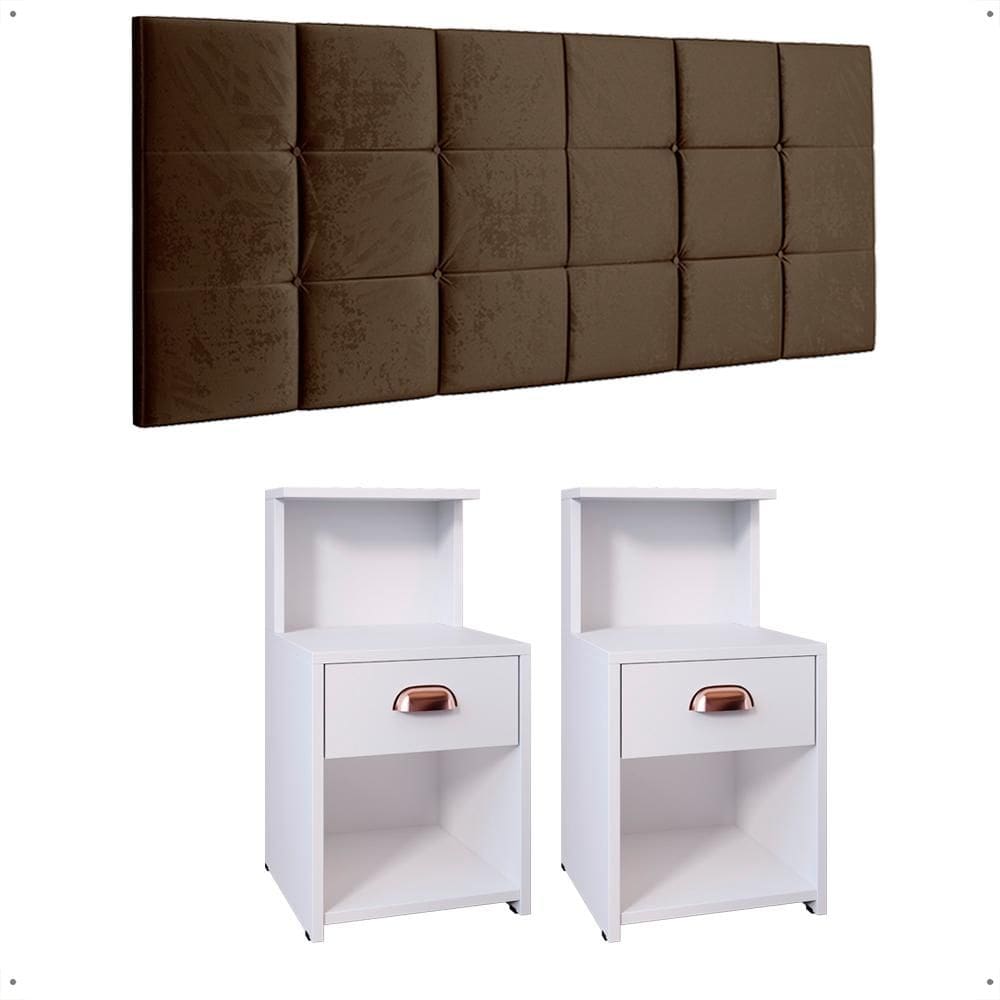 Kit Quarto 2 Mesas Cléo Branco Gaveta Nicho Prateleira Retrô Cabeceira Modulada Bia Suede Cama Box Casal 1,40 Marrom - RPM