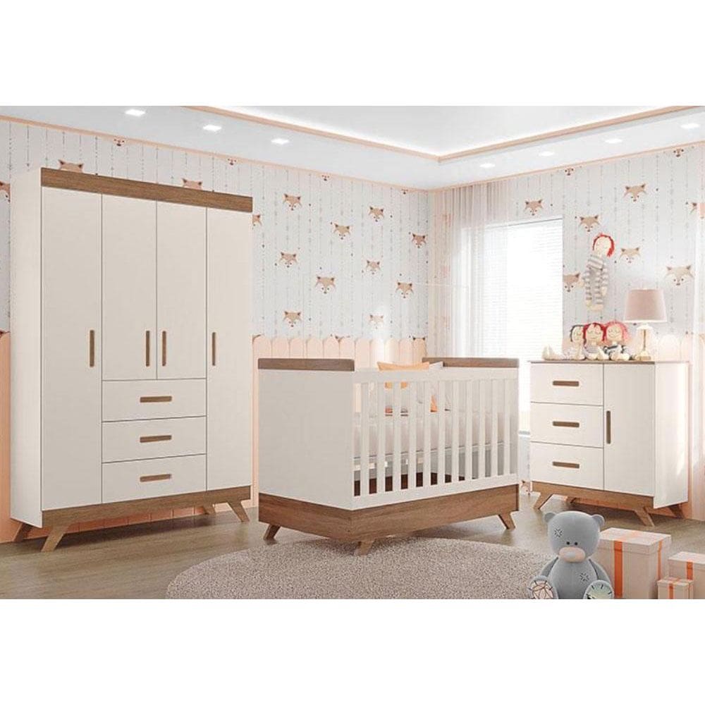 Quarto de Bebê Retrô Maya com Berço Americano Vitória Off White Carvalho com Colchão Ortobom - Carolina