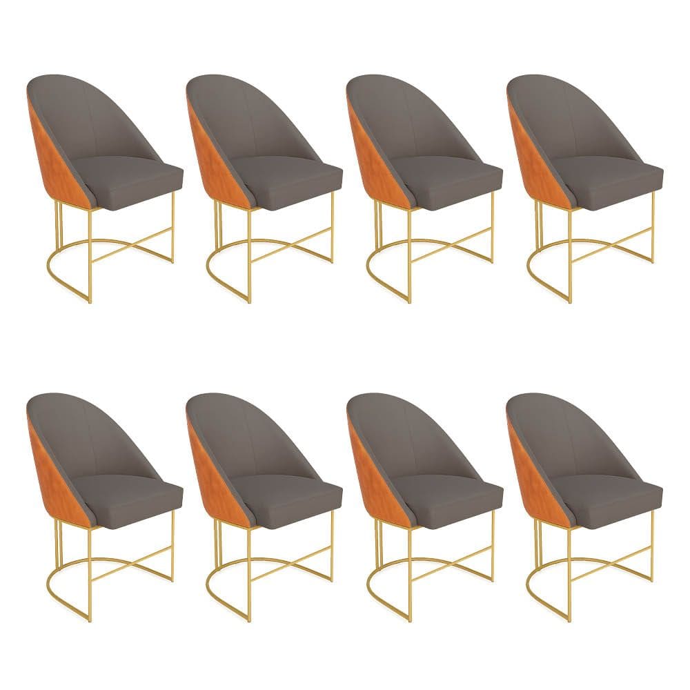 Kit 08 Cadeiras Poltrona de Jantar Bela Corano Nozes e Linho Grafite Base Metálica Industrial Dourado - Pallazio