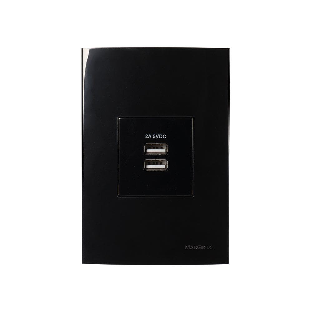 Tomada Duplo Carregador USB-A MarGirius Sleek 2A 10W com Placa 4x2 Preto Ebony