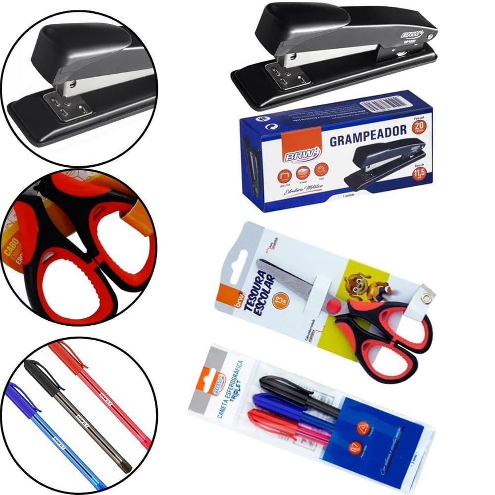 Kit Escolar Escritório Grampeador + Tesoura E 3 Canetas