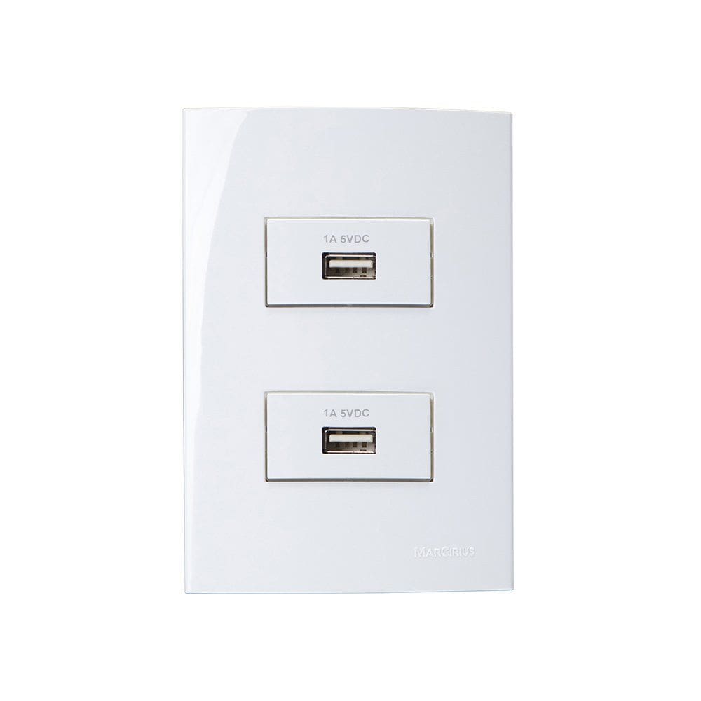 Tomada Carregador USB-A Dupla MarGirius Sleek 1A 5W com Placa 4x2 Branca