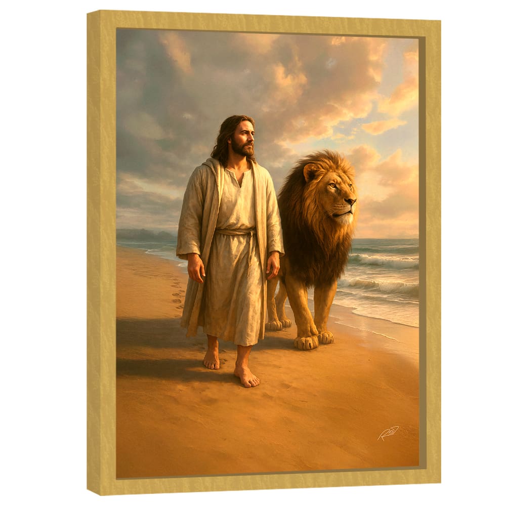 Quadro Decorativo Leão e Jesus Caminhando na Praia