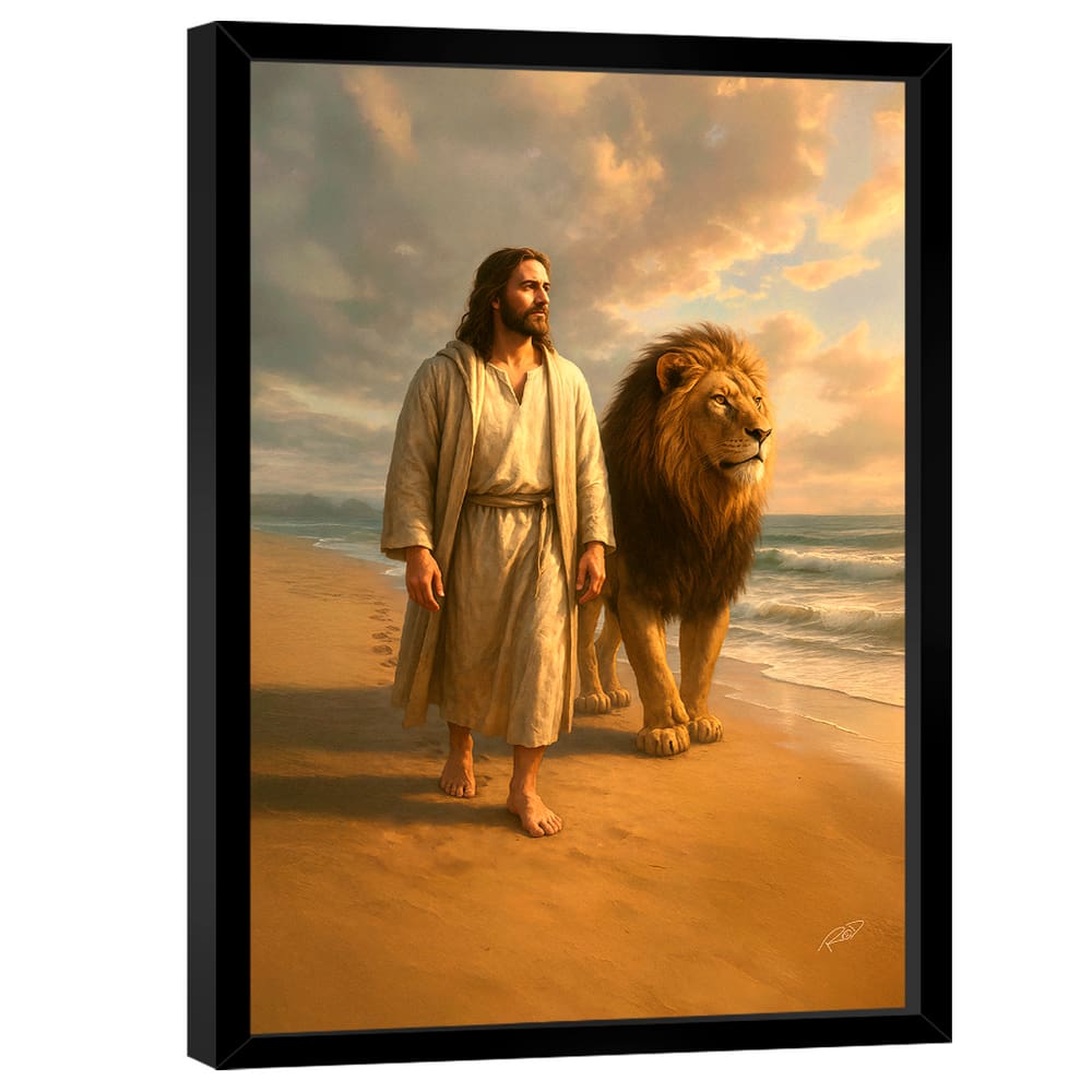Quadro Decorativo Leão e Jesus Caminhando na Praia