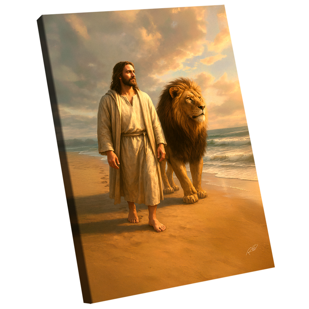 Quadro Decorativo Leão e Jesus Caminhando na Praia