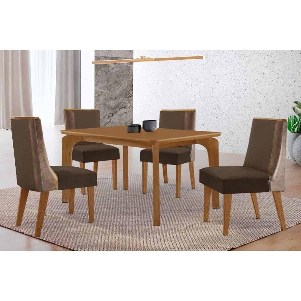 Sala de Jantar Completa Londrina c/ Tampo Madeirado Canto Curvo 120x80cm e 4 Cadeiras Tilia Naturale - Suede Marrom - Rufato