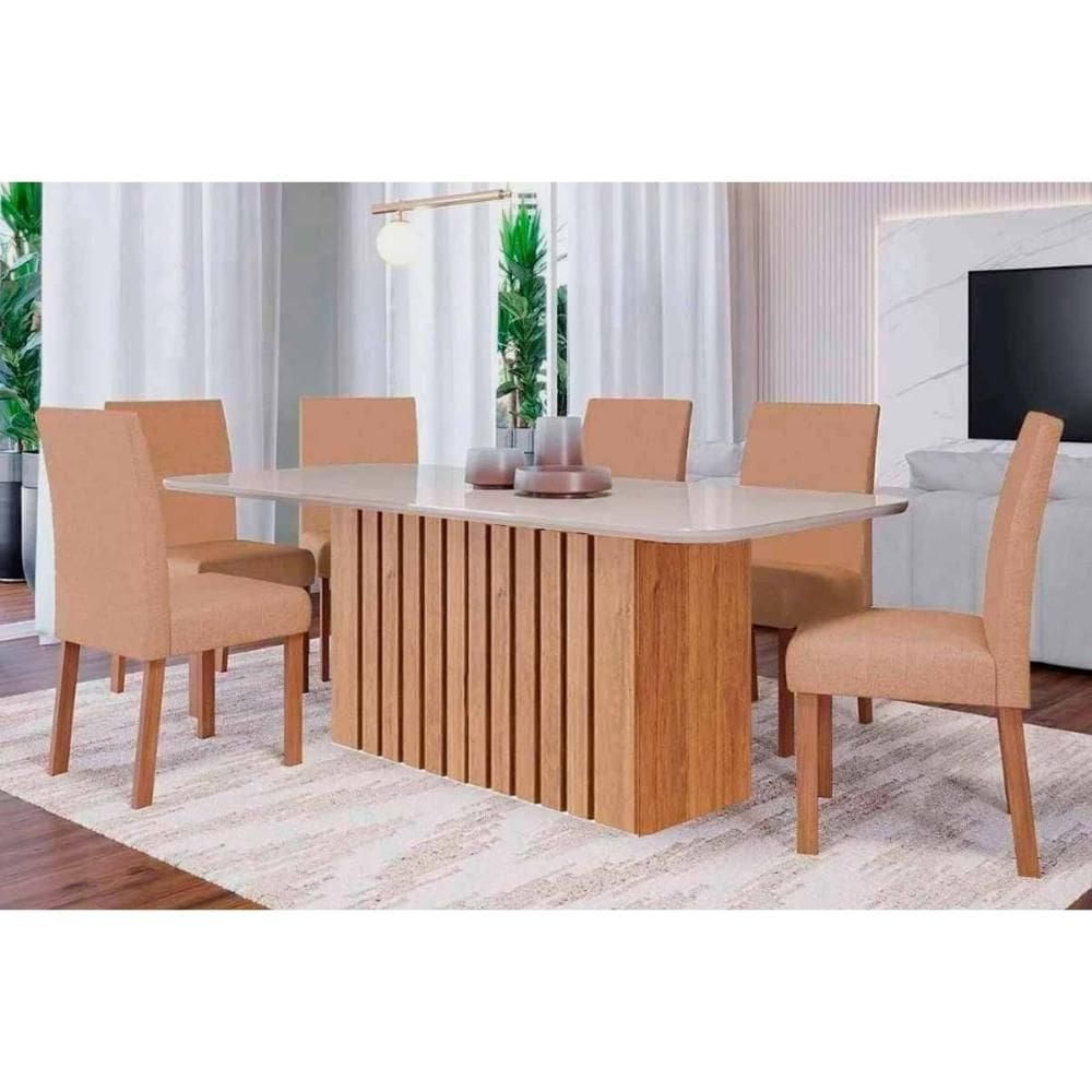 Sala de Jantar Completa Ana Tampo Madeirado c/ Vidro 180x90cm e 6 Cadeiras Maia Cinamomo/Off White - Nature/Suede Gengibre Bege - Cimol