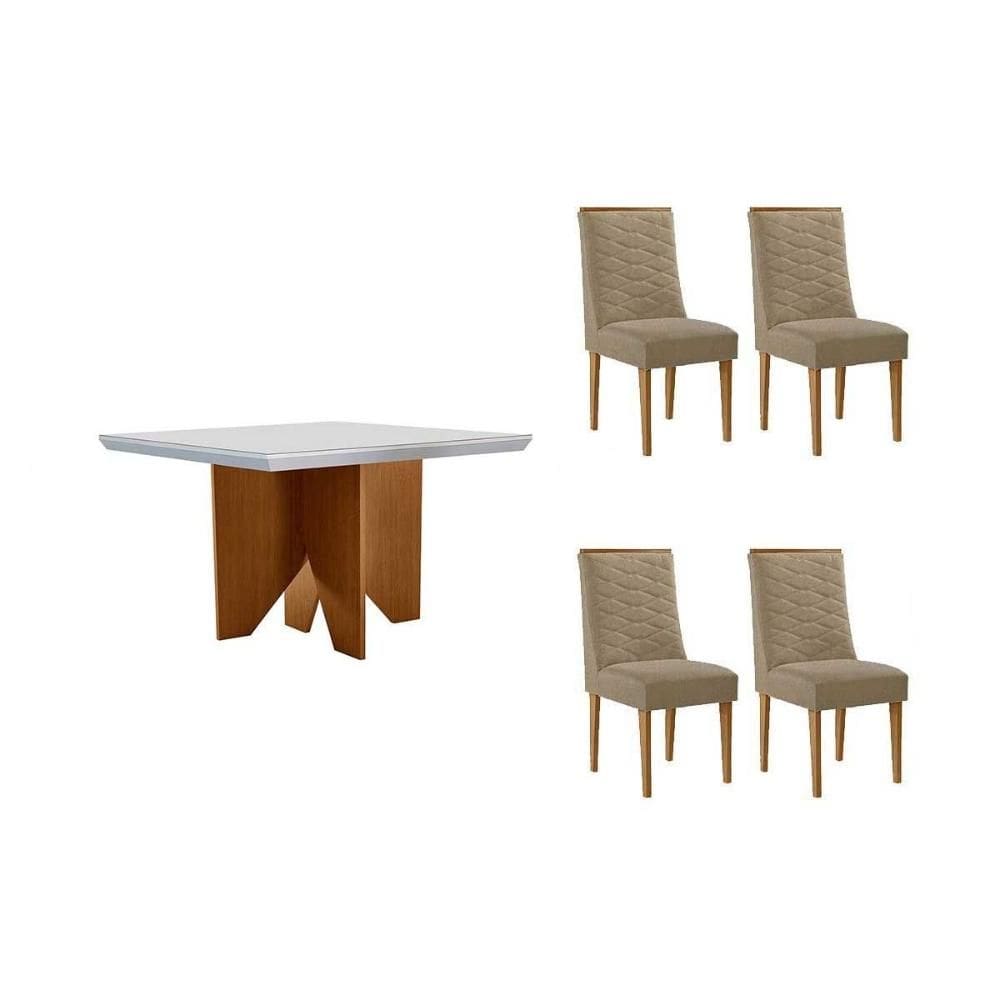 Sala de Jantar Completa Nevada c/ Tampo Madeirado c/ Vidro Canto Curvo 90x90cm e 4 Cadeiras Maldivas Naturale/Off White - Linho Bege - Rufato