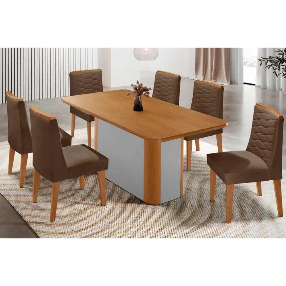 Sala de Jantar Completa Pietá c/ Tampo Madeirado Canto Curvo 180x90cm e 6 Cadeiras Maldivas Naturale/Off White - Suede Marrom - Rufato