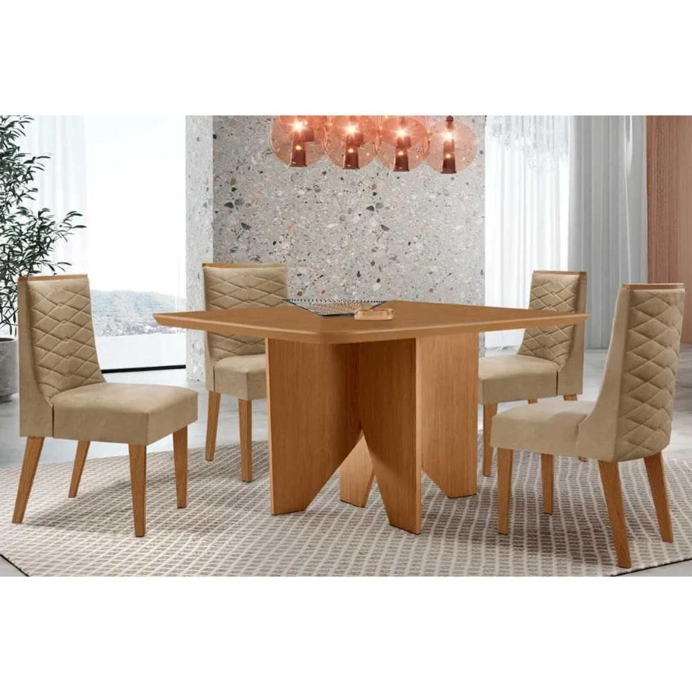 Sala de Jantar Completa Nevada c/ Tampo Madeirado Canto Curvo 90x90cm e 4 Cadeiras Dafne Naturale - Linho Bege - Rufato