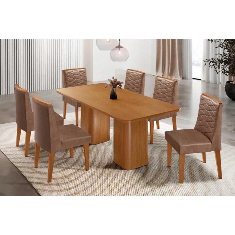 Sala de Jantar Completa Maldivas c/ Tampo Madeirado Canto Curvo 180x90cm e 6 Cadeiras Maldivas Naturale - Corano Capuccino - Rufato