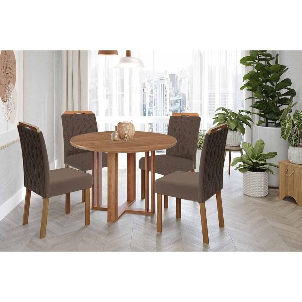 Sala de Jantar Completa Flora Tampo Madeirado 109cm e 4 Cadeiras Paola Cinamomo - Carvalho/Suede Joli Capuccino - Cimol