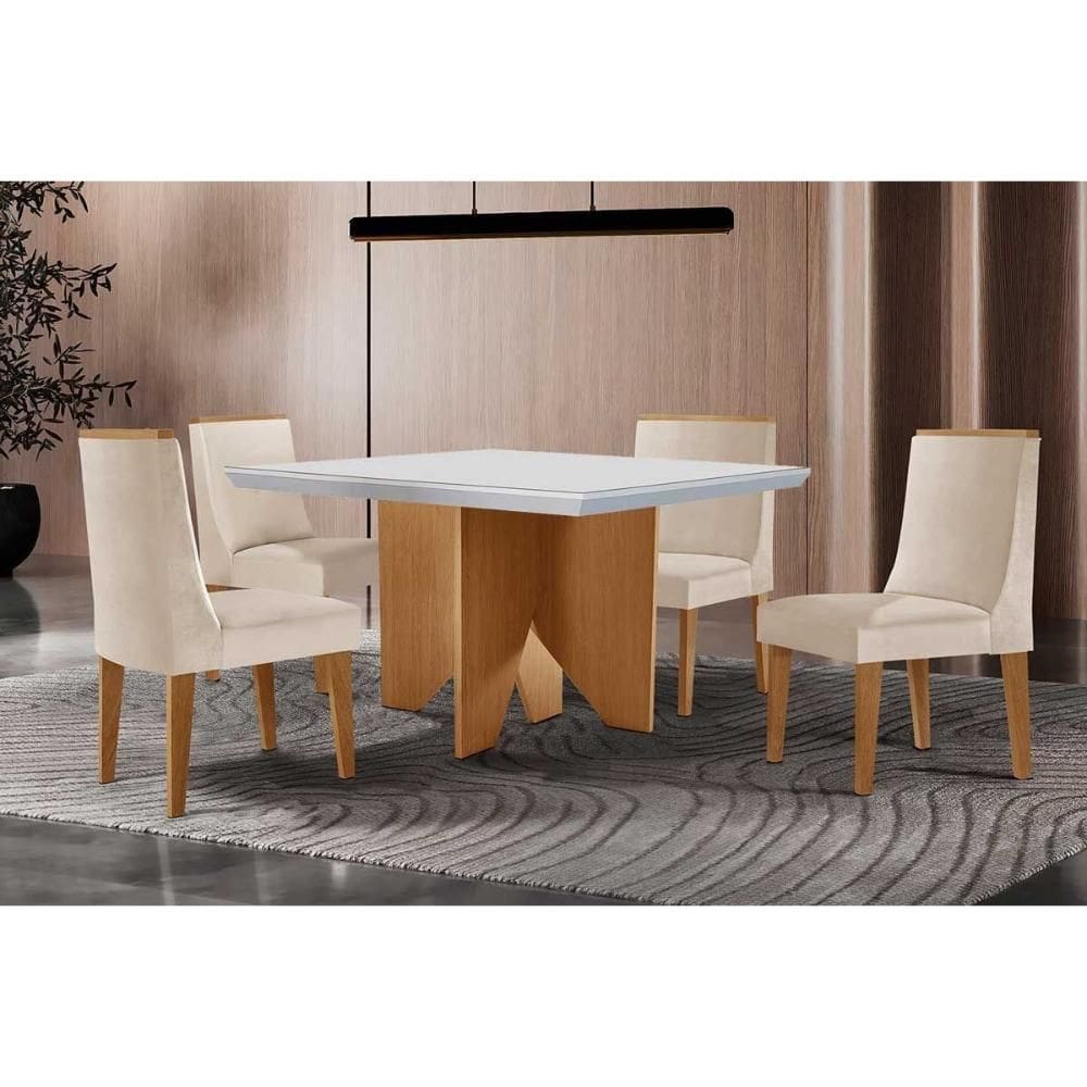 Sala de Jantar Completa Nevada c/ Tampo Madeirado c/ Vidro Canto Curvo 90x90cm e 4 Cadeiras Dakota Naturale/Off White - Suede Creme - Rufato