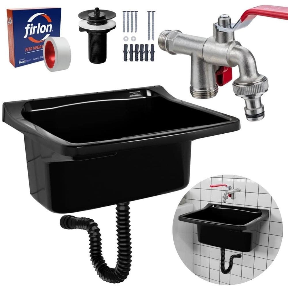 Tanque De Plástico 40L Preto + Torneira Duas Saídas + Sifão